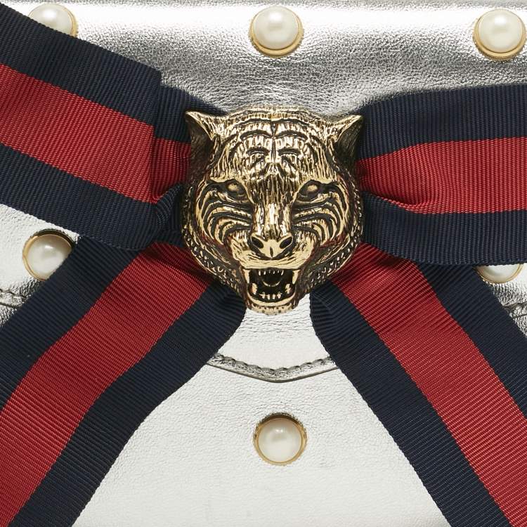 Pre Owned Gucci Silver Leather Animalier Broadway Clutch