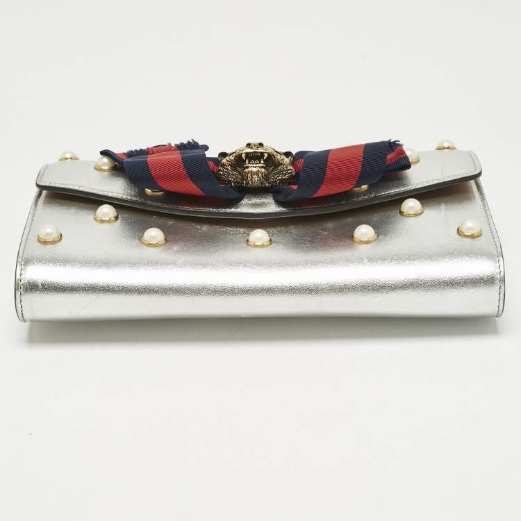 Pre Owned Gucci Silver Leather Animalier Broadway Clutch