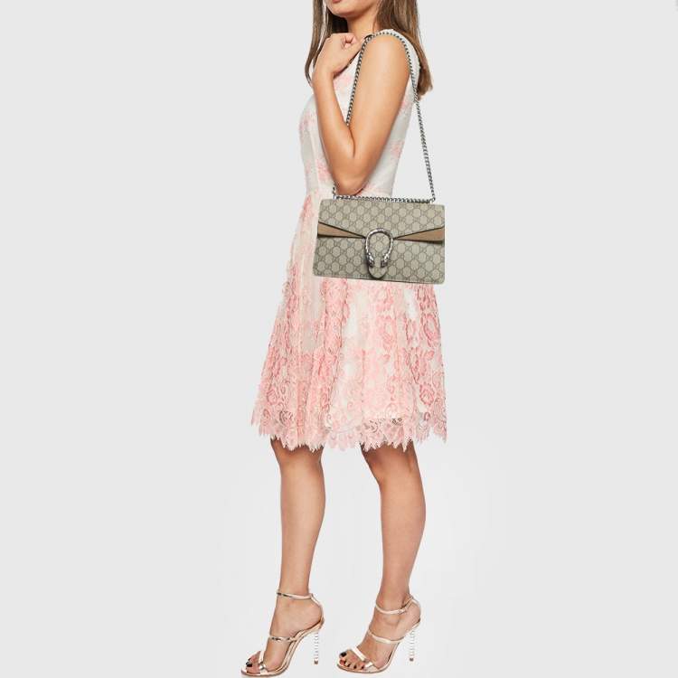 Pre Owned Gucci Beige GG Supreme Canvas and Suede Small Dionysus Shoulder Bag