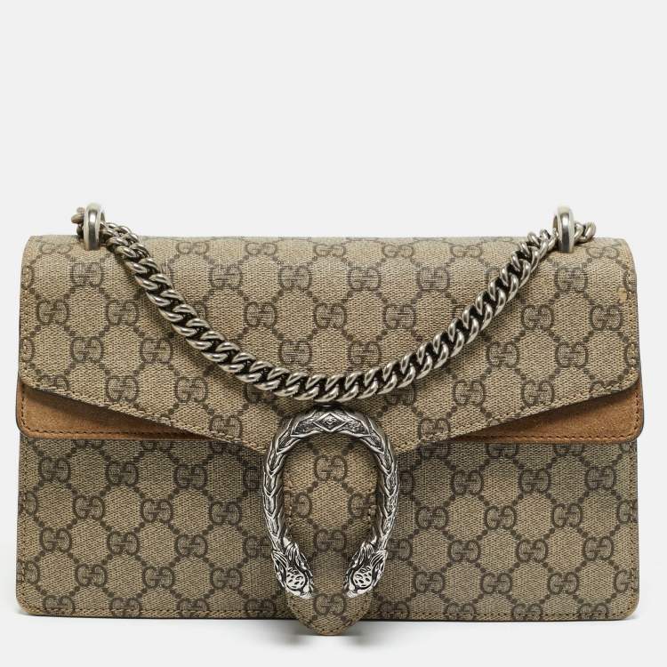 Pre Owned Gucci Beige GG Supreme Canvas and Suede Small Dionysus Shoulder Bag