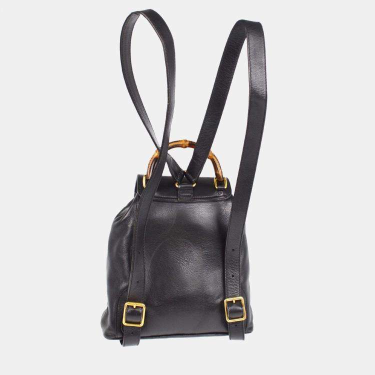 Pre Owned Gucci Bamboo Black Leather Backpack 