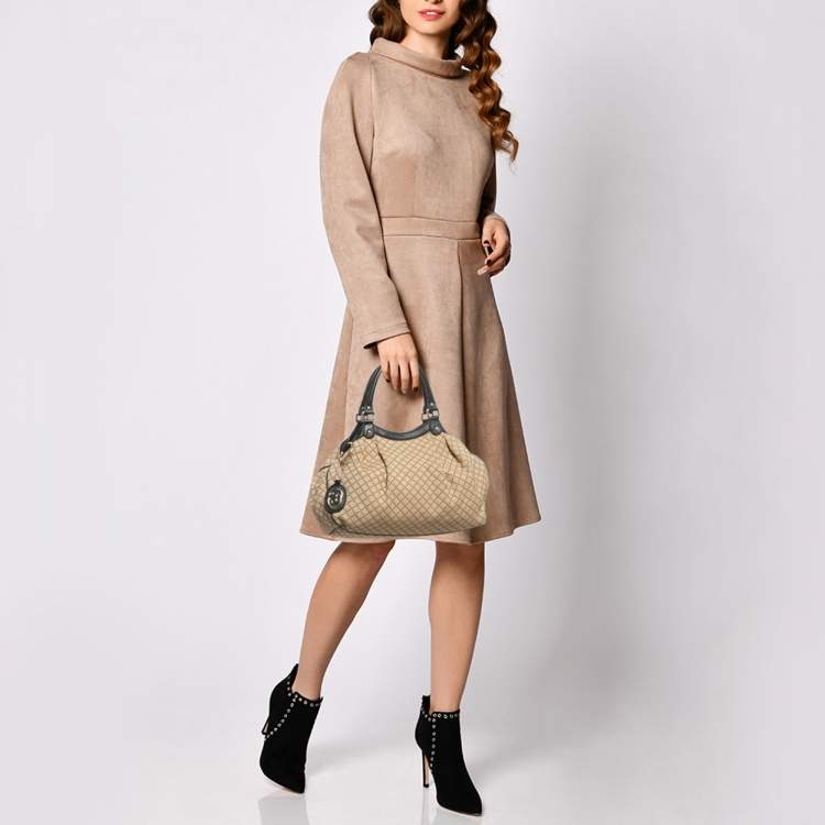 Pre Owned Gucci Black/Beige Diamante Canvas and Leather Medium Sukey Tote