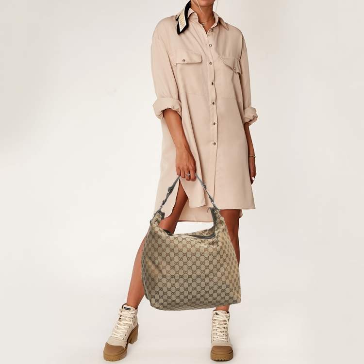 Pre Owned Gucci Beige/Brown GG Canvas and Leather Large Icon Bit Hobo 