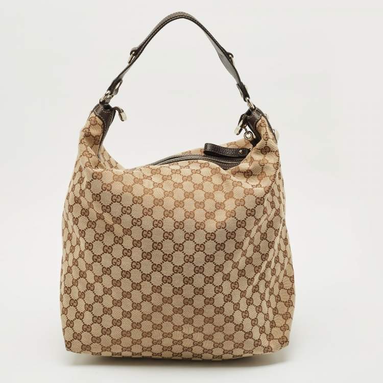 Pre Owned Gucci Beige/Brown GG Canvas and Leather Large Icon Bit Hobo 