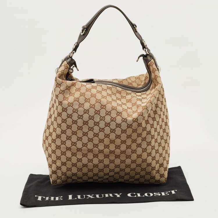 Pre Owned Gucci Beige/Brown GG Canvas and Leather Large Icon Bit Hobo 