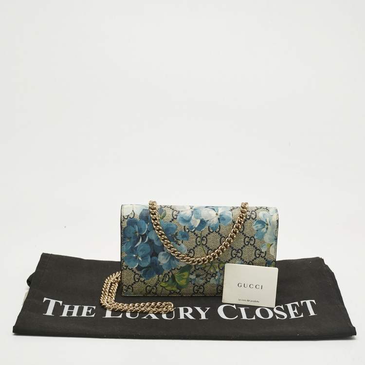 Pre Owned Gucci Beige/Blue Blooms GG Supreme Canvas Wallet On Chain