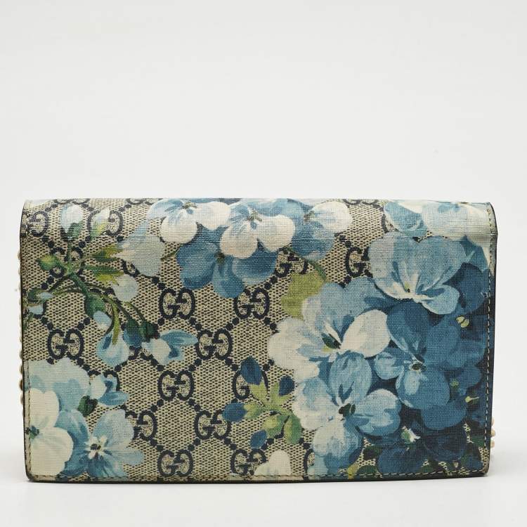 Pre Owned Gucci Beige/Blue Blooms GG Supreme Canvas Wallet On Chain