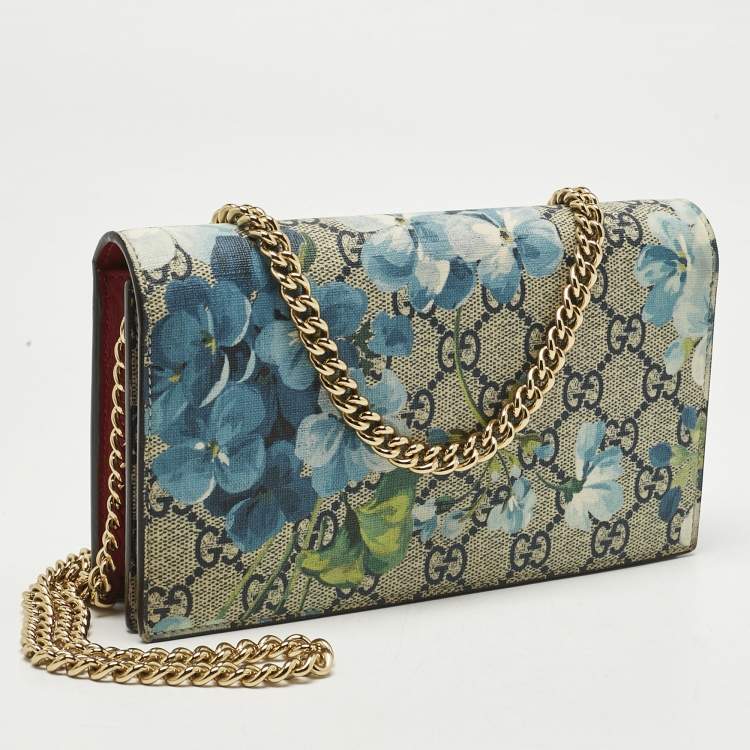 Pre Owned Gucci Beige/Blue Blooms GG Supreme Canvas Wallet On Chain