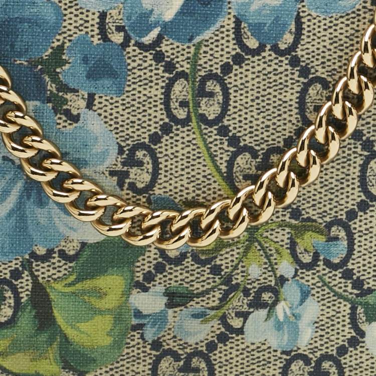 Pre Owned Gucci Beige/Blue Blooms GG Supreme Canvas Wallet On Chain