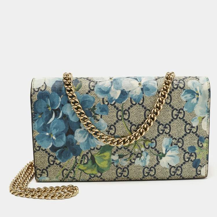 Pre Owned Gucci Beige/Blue Blooms GG Supreme Canvas Wallet On Chain