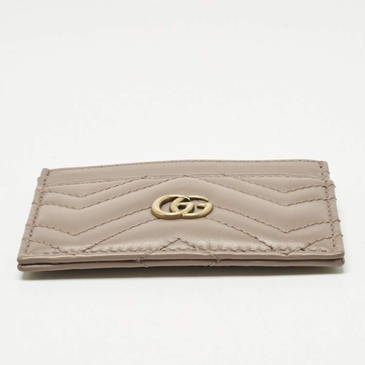 Pre Owned Gucci Dusty Pink Matelassé Leather GG Marmont Card Holder