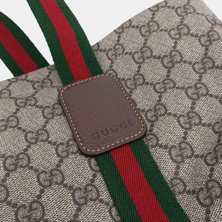 Pre Owned Gucci Beige Brown Coated Canvas Web Tote Bag