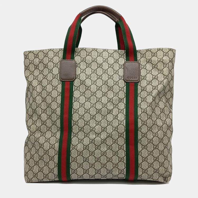 Pre Owned Gucci Beige Brown Coated Canvas Web Tote Bag