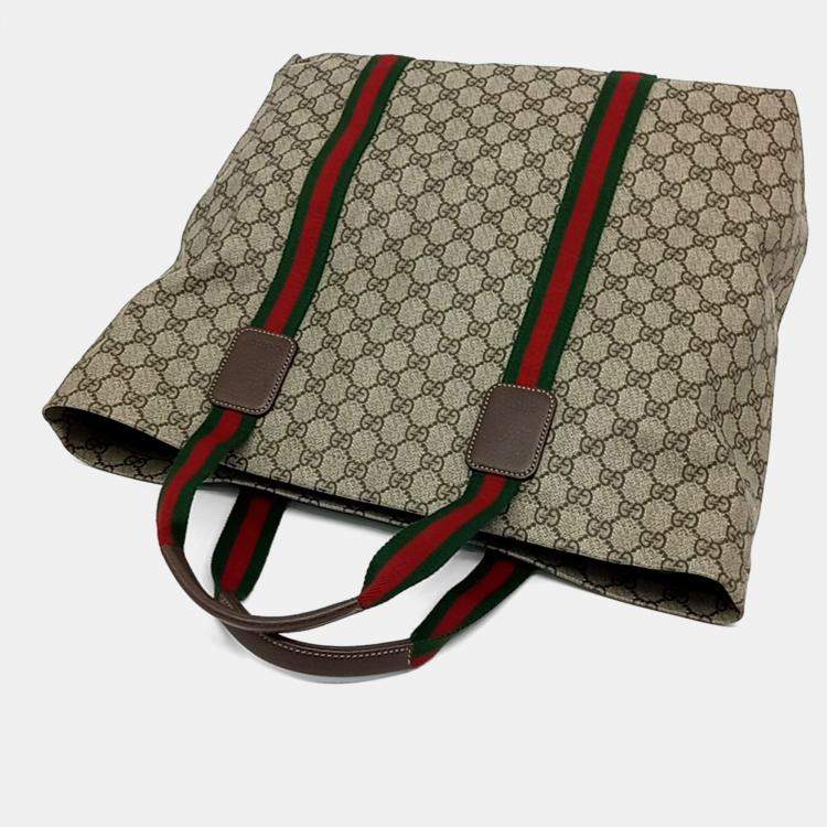 Pre Owned Gucci Beige Brown Coated Canvas Web Tote Bag