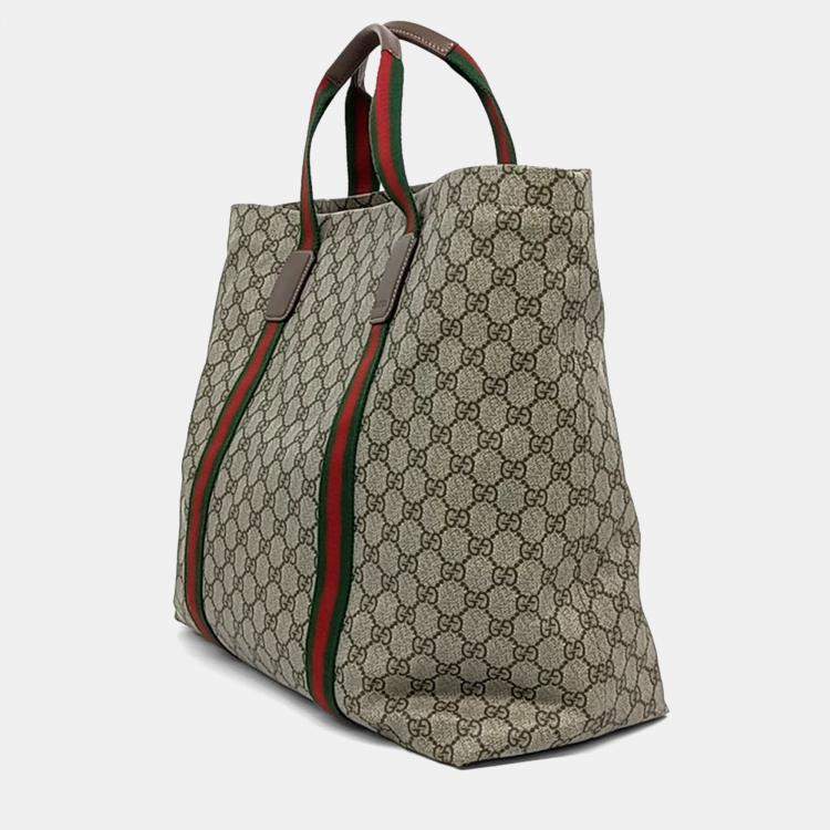 Pre Owned Gucci Beige Brown Coated Canvas Web Tote Bag