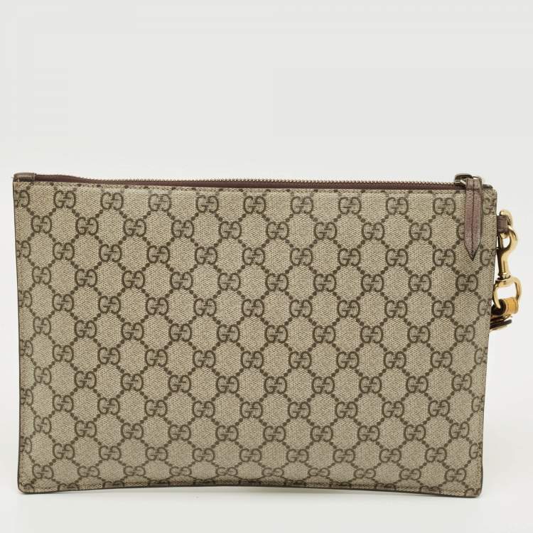 Pre Owned Gucci Beige/Mustard GG Supreme Canvas and Leather Tiger Head  Wristlet Pouch