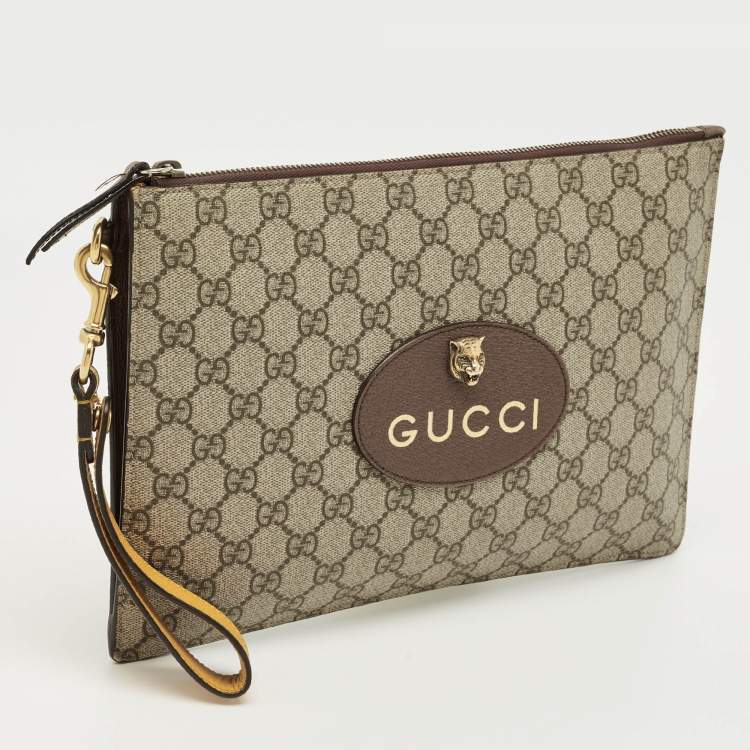 Pre Owned Gucci Beige/Mustard GG Supreme Canvas and Leather Tiger Head  Wristlet Pouch