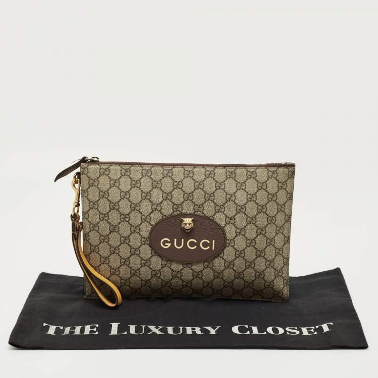 Pre Owned Gucci Beige/Mustard GG Supreme Canvas and Leather Tiger Head  Wristlet Pouch