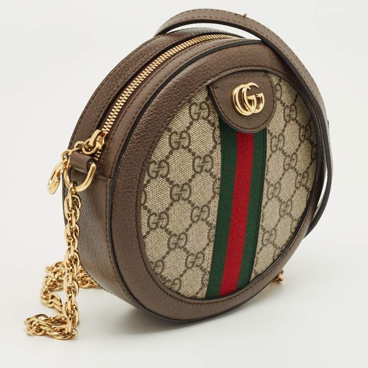Pre Owned Gucci Brown/Beige GG Supreme Canvas and Leather Mini Ophidia Round Bag