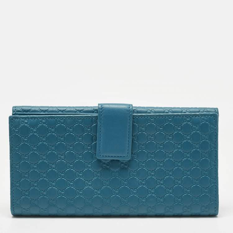 Pre Owned Gucci Teal Blue Microguccissima Leather Flap Continental Wallet
