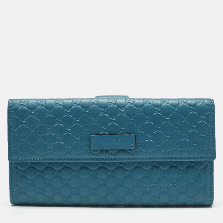 Pre Owned Gucci Teal Blue Microguccissima Leather Flap Continental Wallet