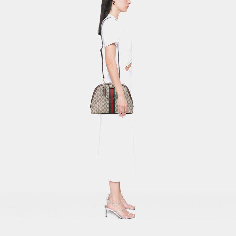 Pre Owned Gucci Beige Brown Medium GG Supreme Ophidia Web Satchel
