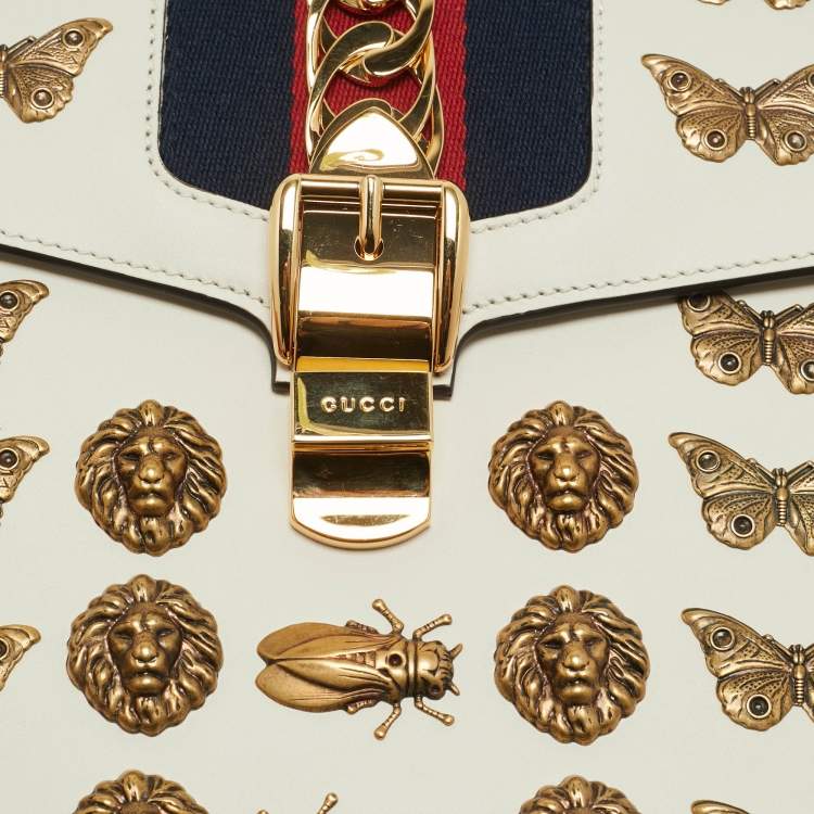 Pre Owned Gucci Off White Leather Medium Embellished Web Sylvie Top Handle Bag
