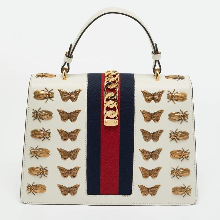 Pre Owned Gucci Off White Leather Medium Embellished Web Sylvie Top Handle Bag