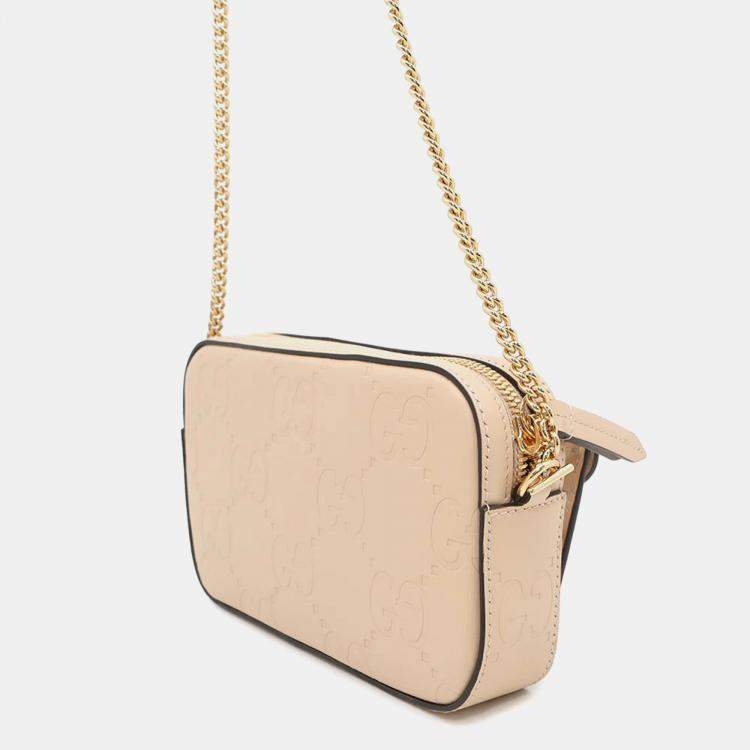 Pre Owned Gucci GG Super Mini Beige Leather Chain Shoulder Bag