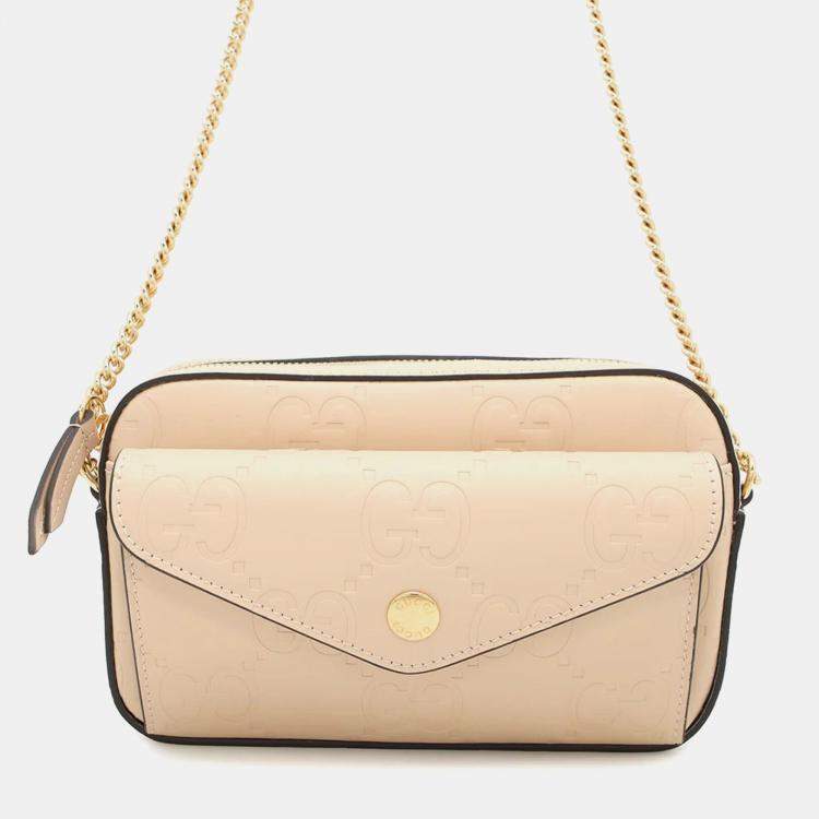Pre Owned Gucci GG Super Mini Beige Leather Chain Shoulder Bag
