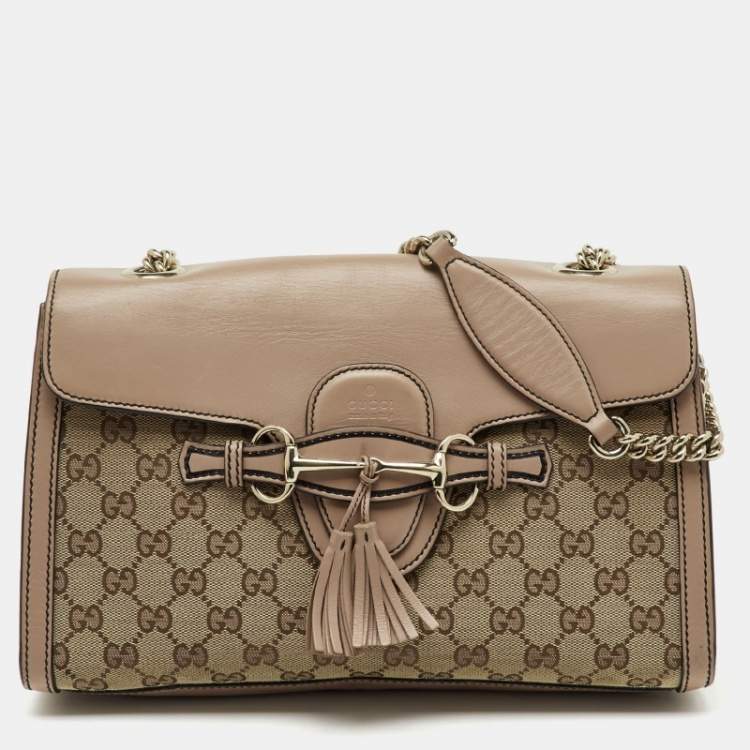 Pre Owned Gucci Beige/Pink GG Canvas and Leather Medium Emily Chain Shoulder Bag