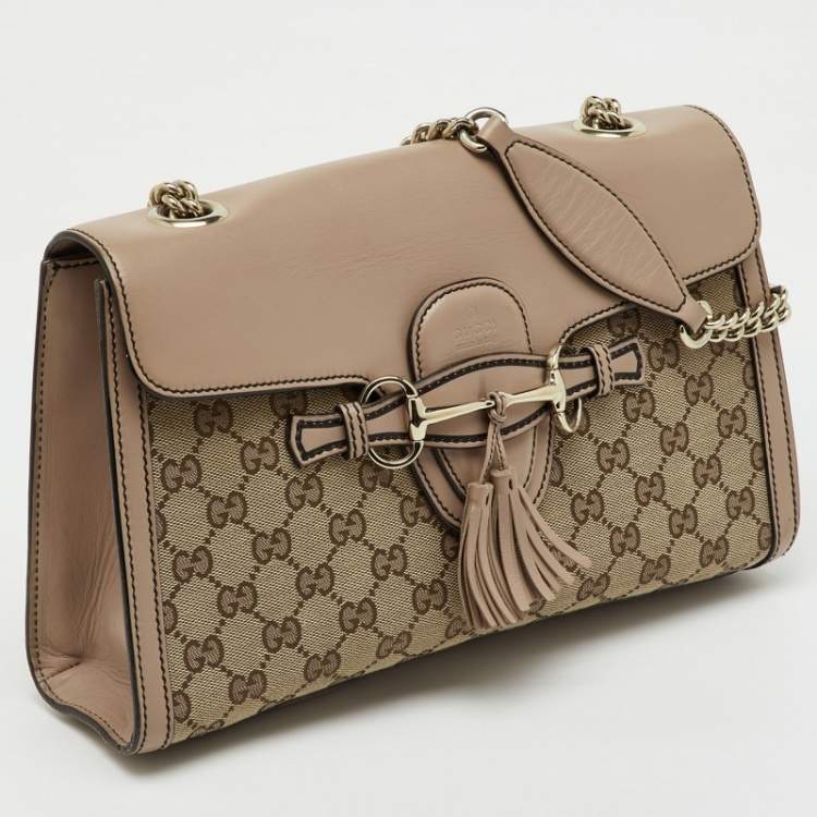 Pre Owned Gucci Beige/Pink GG Canvas and Leather Medium Emily Chain Shoulder Bag