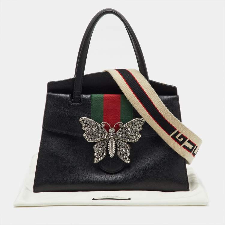 Pre Owned Gucci Black Leather Medium Web Butterfly Embellished Medium Linea Totem Tote