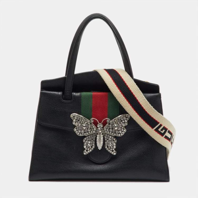Pre Owned Gucci Black Leather Medium Web Butterfly Embellished Medium Linea Totem Tote