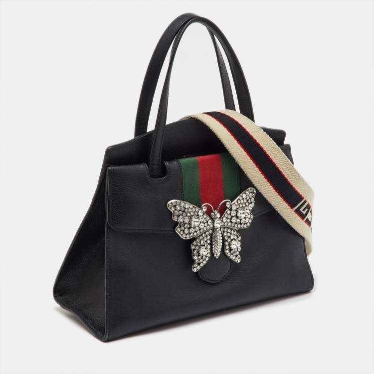 Pre Owned Gucci Black Leather Medium Web Butterfly Embellished Medium Linea Totem Tote