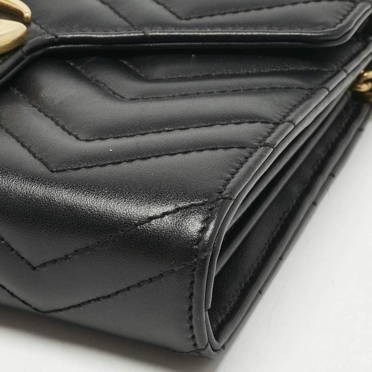 Pre Owned Gucci Black Matelassé Leather GG Marmont Wallet on Chain