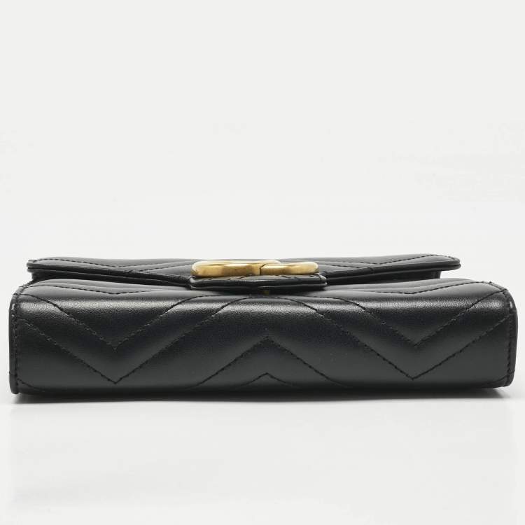 Pre Owned Gucci Black Matelassé Leather GG Marmont Wallet on Chain