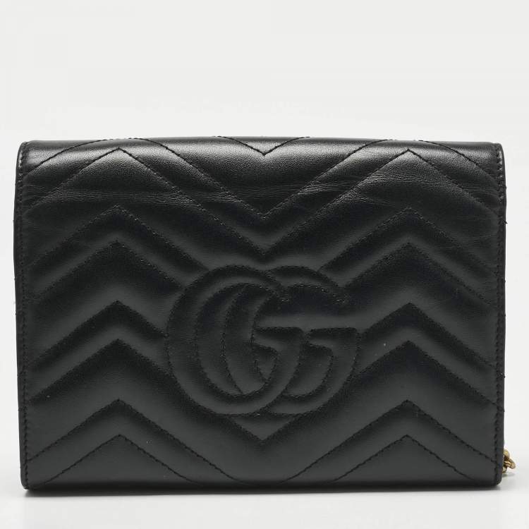 Pre Owned Gucci Black Matelassé Leather GG Marmont Wallet on Chain