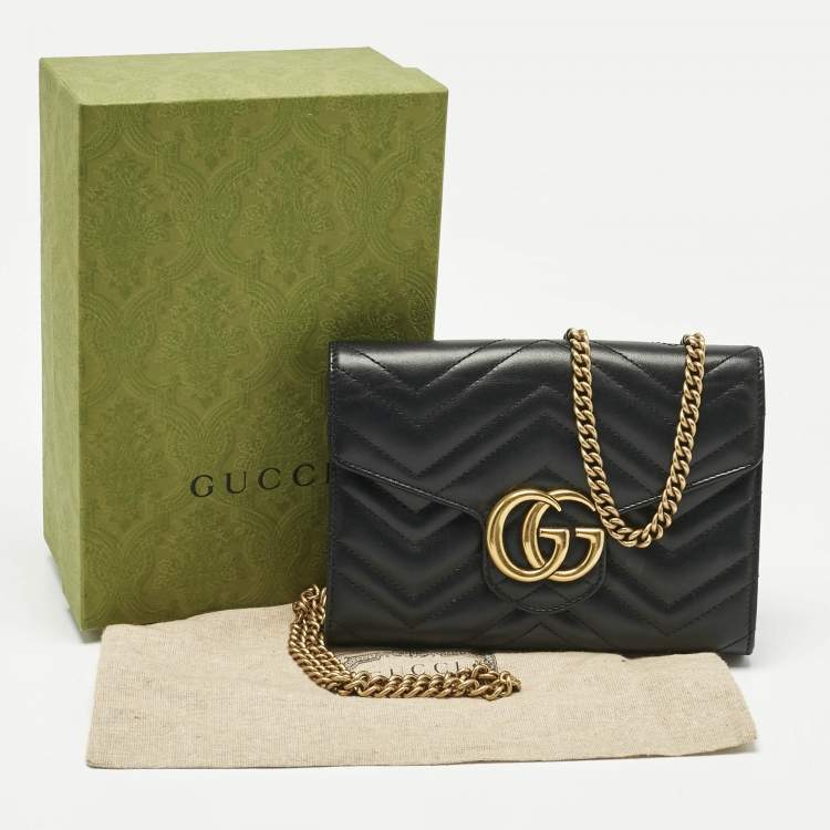 Pre Owned Gucci Black Matelassé Leather GG Marmont Wallet on Chain