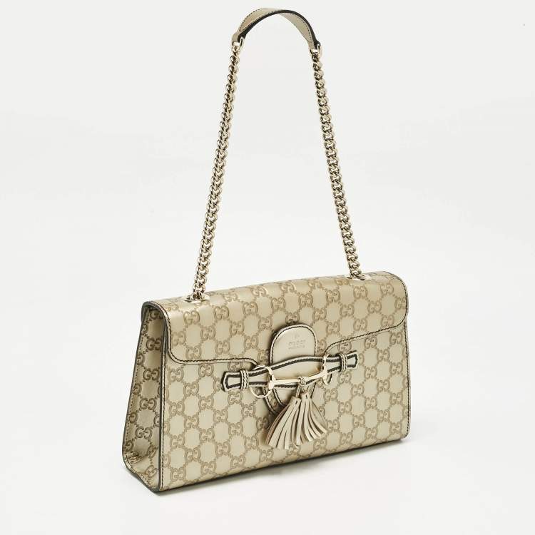 Pre Owned Gucci Pale Gold Guccissima Leather Medium Emily Chain Shoulder Bag