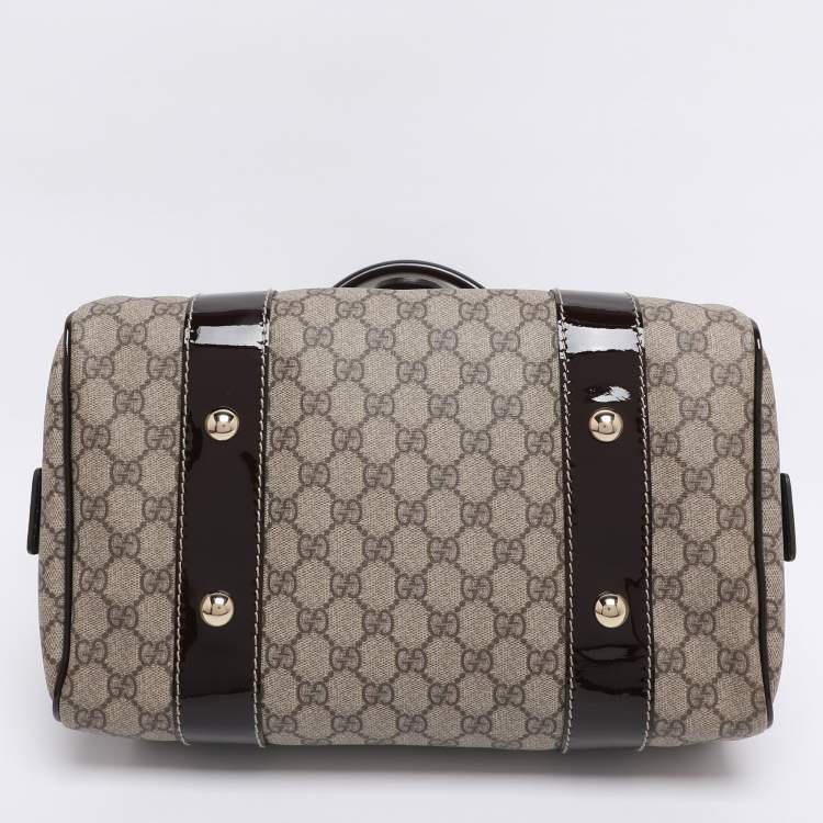 Pre Owned Gucci Brown/Beige GG Supreme Canvas and Patent Leather Buckle Flap Boston Bag