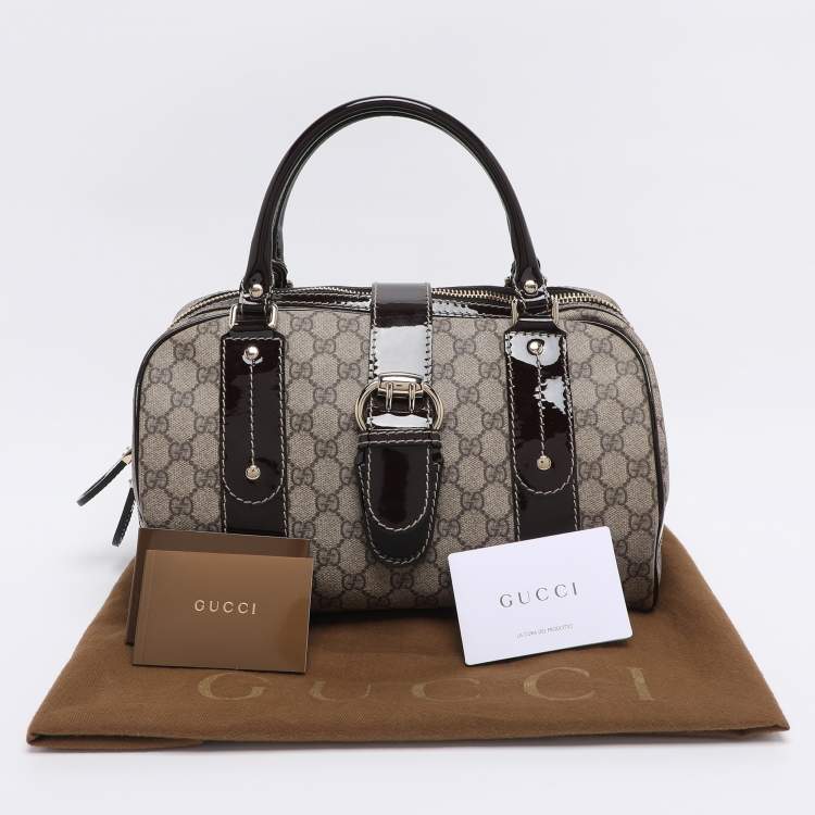 Pre Owned Gucci Brown/Beige GG Supreme Canvas and Patent Leather Buckle Flap Boston Bag