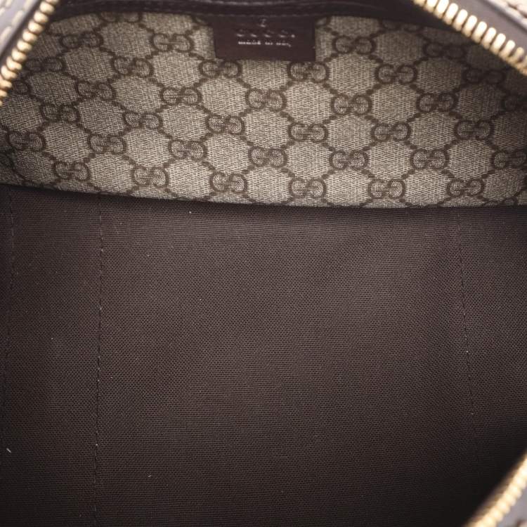 Pre Owned Gucci Brown/Beige GG Supreme Canvas and Patent Leather Buckle Flap Boston Bag