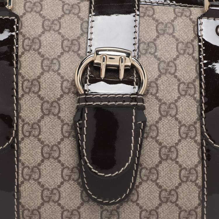 Pre Owned Gucci Brown/Beige GG Supreme Canvas and Patent Leather Buckle Flap Boston Bag