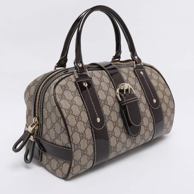 Pre Owned Gucci Brown/Beige GG Supreme Canvas and Patent Leather Buckle Flap Boston Bag