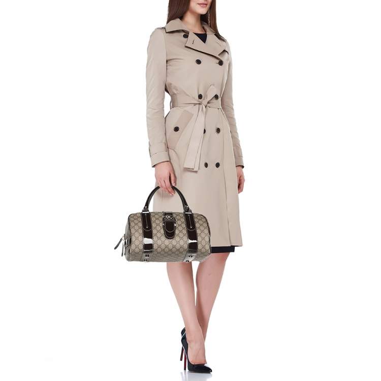 Pre Owned Gucci Brown/Beige GG Supreme Canvas and Patent Leather Buckle Flap Boston Bag