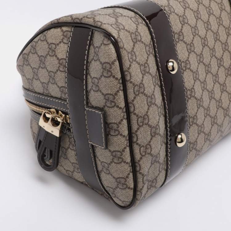 Pre Owned Gucci Brown/Beige GG Supreme Canvas and Patent Leather Buckle Flap Boston Bag