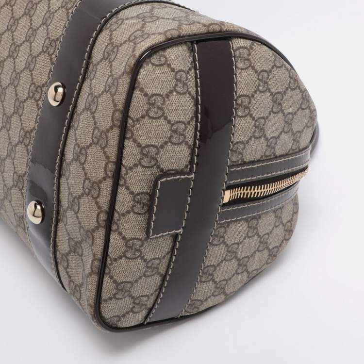 Pre Owned Gucci Brown/Beige GG Supreme Canvas and Patent Leather Buckle Flap Boston Bag
