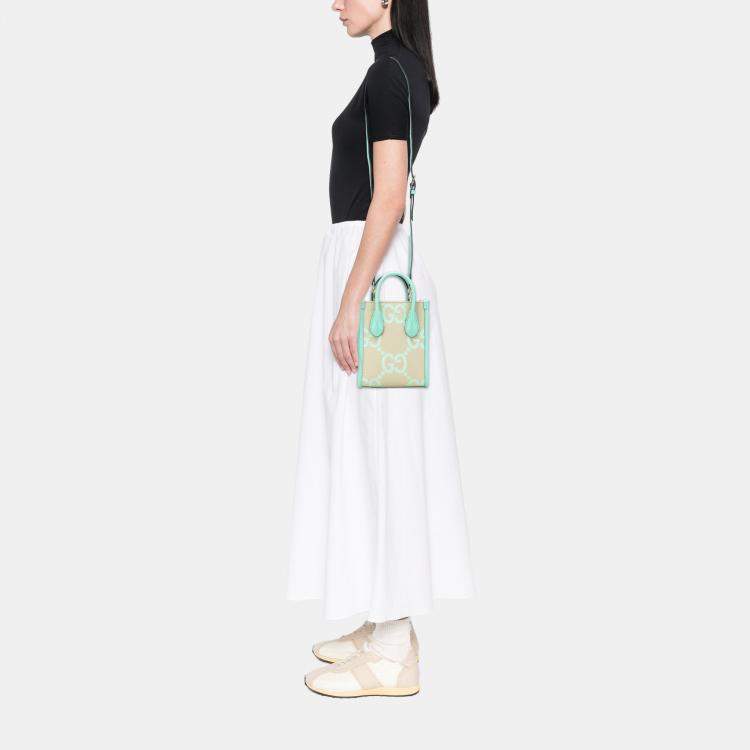 Pre Owned Gucci Beige Blue Mini Jumbo GG Canvas Interlocking G Satchel