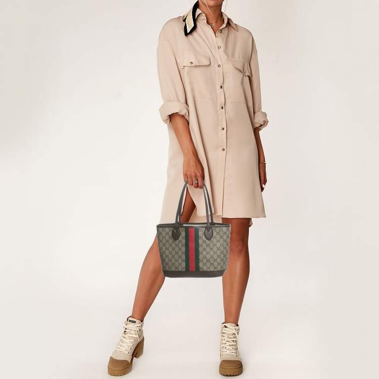Pre Owned Gucci Beige/Ebony GG Supreme Canvas and Leather Small Ophidia Tote